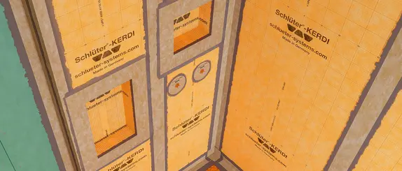 Rohbau einer abgedichteten Dusche mit Schl&uuml;ter-KERDI, KERDI-BOARD-Nischen und KERDI-Dichtband