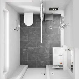 Barrierereduziertes Bad von oben mit WC, ebenerdiger Dusche und Waschtisch