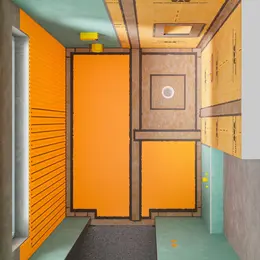 Barrierereduziertes Bad in der Rohbausituation von oben