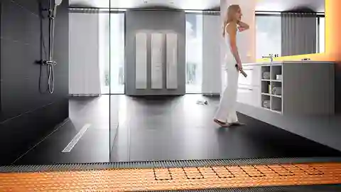 Fußbodenaufbau im Badezimmer mit Detailansicht des elektrischen Heizsystems Schlüter-DITRA-HEAT