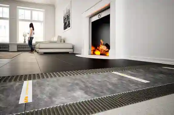 Fußbodenaufbau im Wohnzimmer mit der Verbund-Trittschalldämmung Schlüter-DITRA-SOUND. 