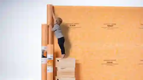 Ein kleiner Junge rollt orange-farbige KERDI-Abdichtungsbahnen an einer Wand ab