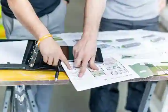 Zwei Personen zeigen mit Zeigefingern auf ein Planungsblatt über Bauobjekte und beraten sich.  
