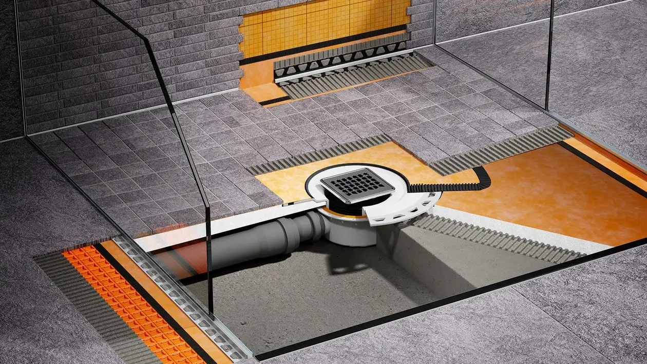 Schichtaufbau einer ebenerdigen Dusche mit Punktabfluss, Abdichtung und Gefälleboard