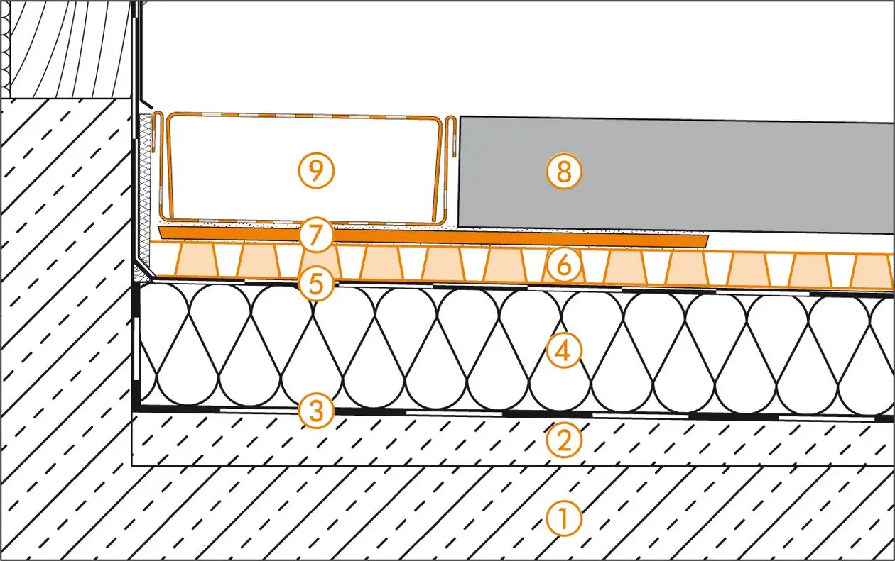 Schl&uuml;ter-Systems Schnittzeichnung des T&uuml;ranschlusses f&uuml;r Dachterrassenaufbau C.6 Lose Verlegung auf TROBA-PLUS 8G