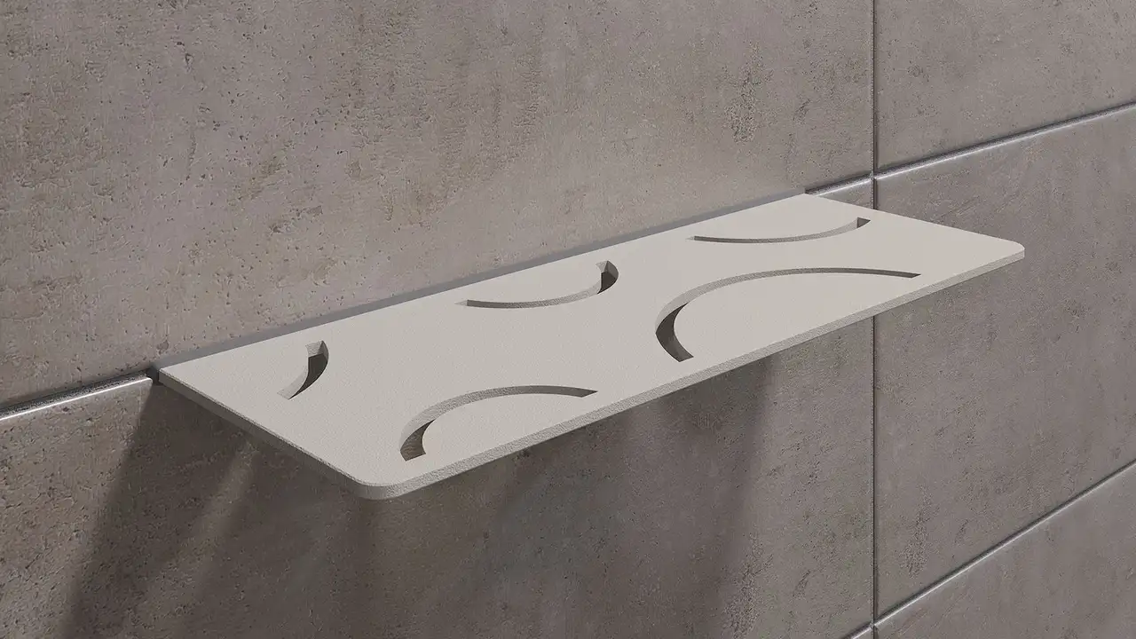 Schlüter-SHELF en acabado gris beige TSBG es un estante de pared decorativo texturizado para baldosas de cerámica y piedra natural.