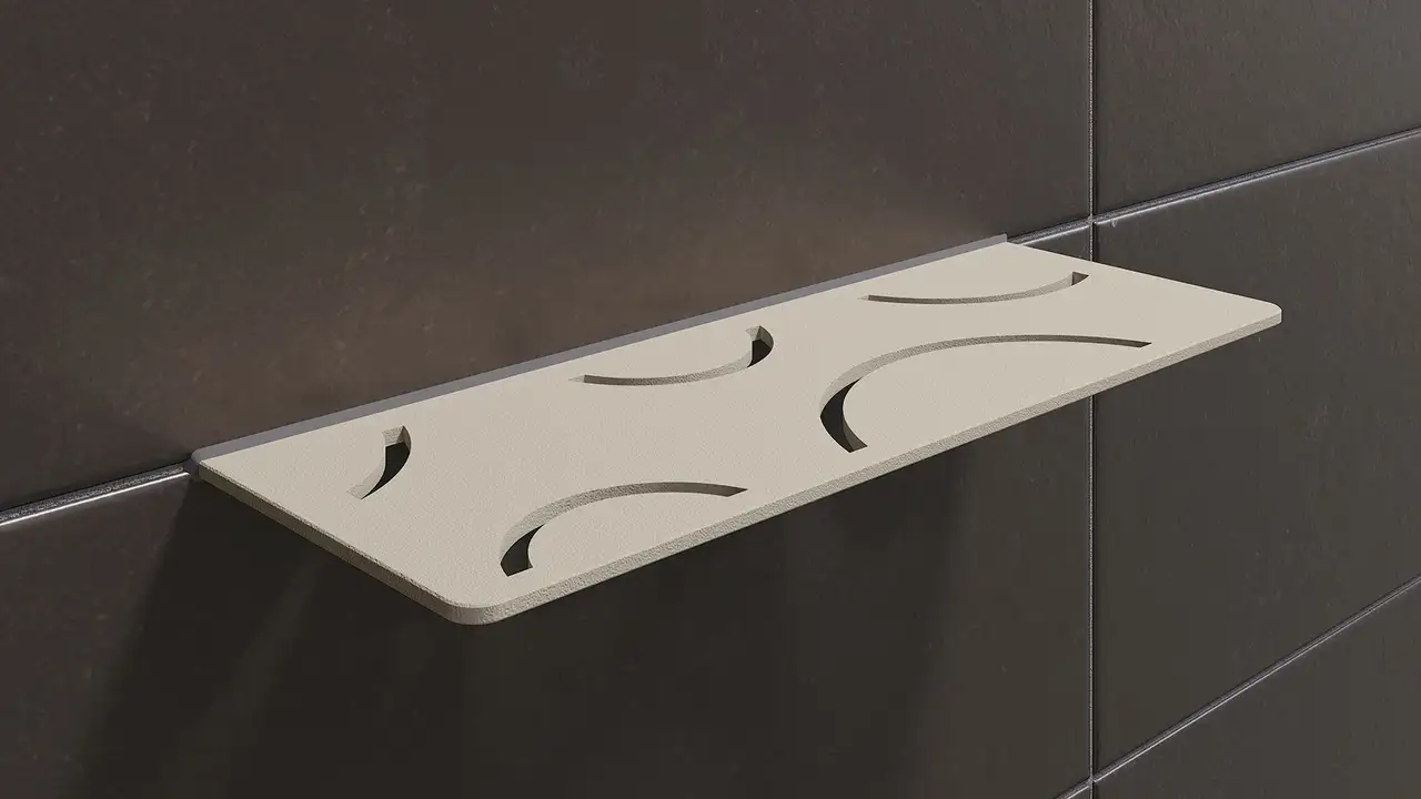 Schlüter-SHELF en acabado crema texturizado TSC es un estante de pared decorativo para baldosas de cerámica y piedra natural.