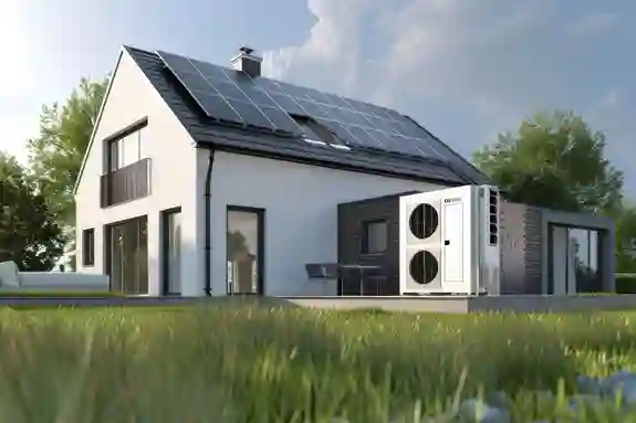 Vue extérieure d'une maison individuelle moderne située dans un cadre de verdure, avec installation solaire et pompe à chaleur