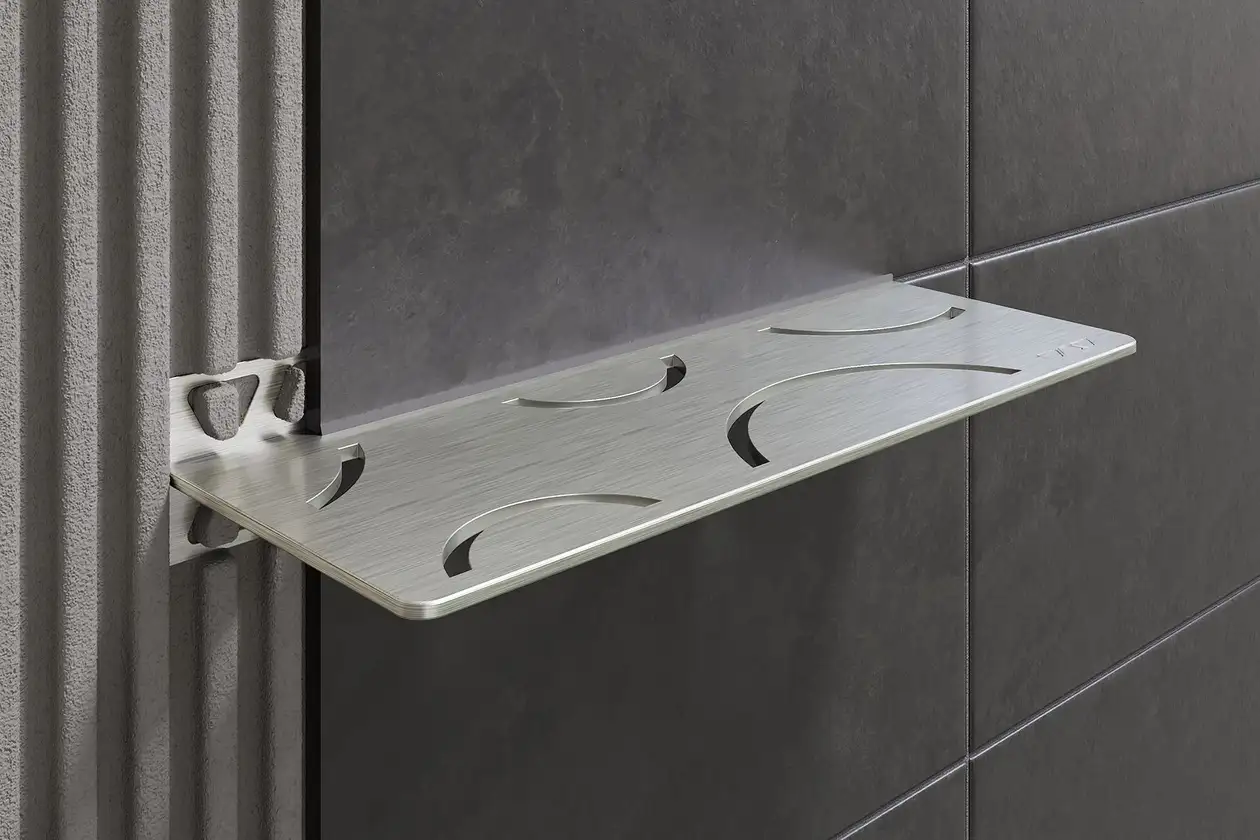 Schlüter-SHELF-W-S1 est une tablette rectangulaire qui s’intègre dans l’agencement des carreaux au cours de la pose