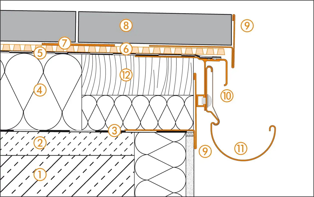 Dessin en coupe Schl&uuml;ter-Systems du d&eacute;tail de la rive 2 pour la structure de toit-terrasse C.6 en pose libre sur Schl&uuml;ter-TROBA-PLUS 8G