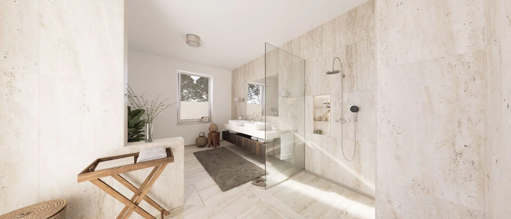 Salle de bains avec profilés TRENDLINE, niches murales et solutions de drainage de Schlüter-Systems