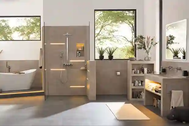 Salle de bains de couleur beige avec pose de produits Schlüter tels que KERDI-BOARD-W et LIPROTEC.