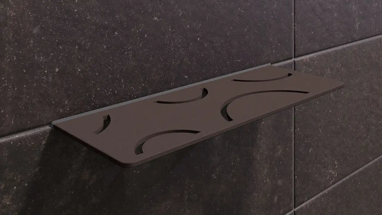 Schlüter-SHELF de couleur TSOB bronze est une tablette murale décorative en finition structurée pour carreaux et pierre naturelle