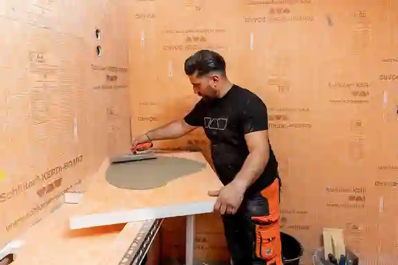 Un artisan met en place une protection à l'eau au mur à l'aide du panneau d'agencement Schlüter-KERDI-BOARD.