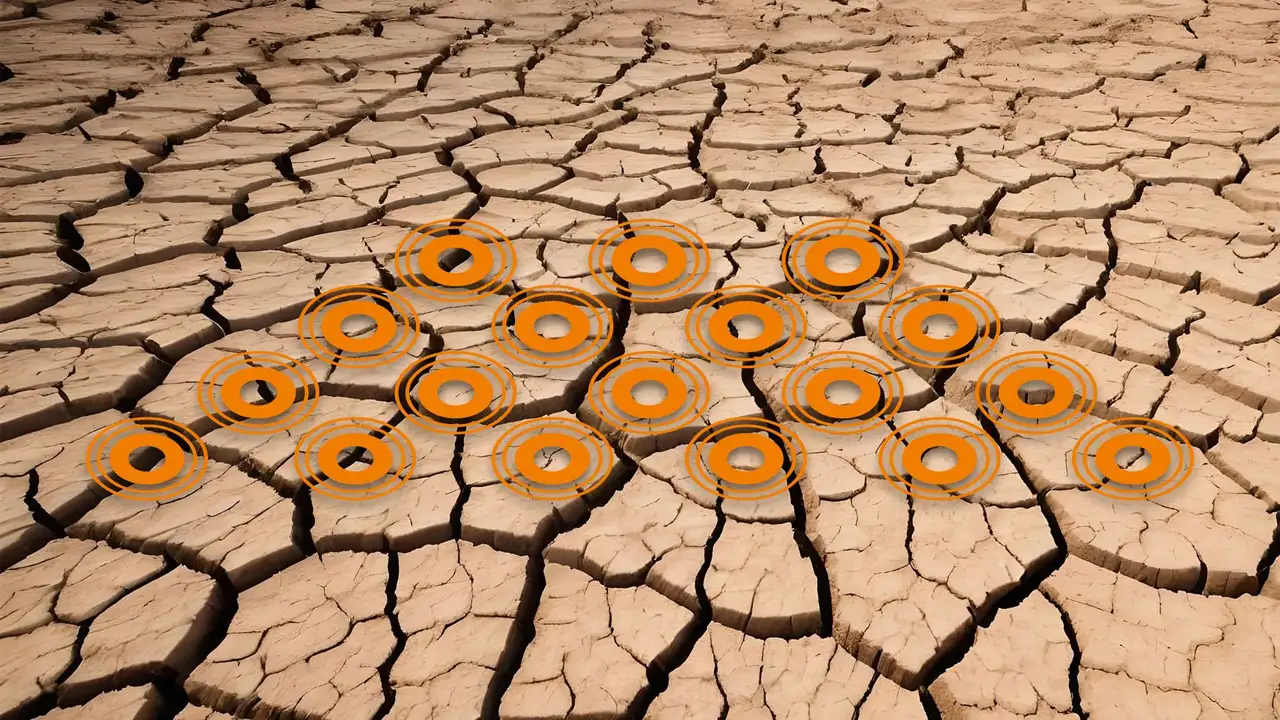 AI-generated image of a dried-out, heavily cracked floor with orange-coloured studded structures, which is retouched as a symbol of the function of studded screed panels that absorb shrinkage tensions