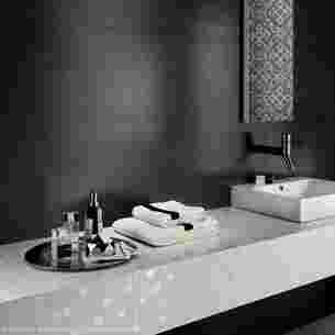 Bathroom in a hotel with black and white elements