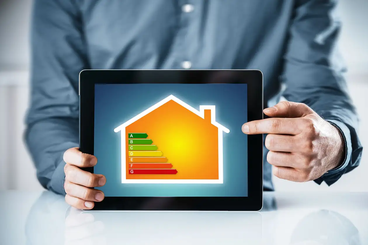 Man holding a picture with symbols representing the heat values in the house