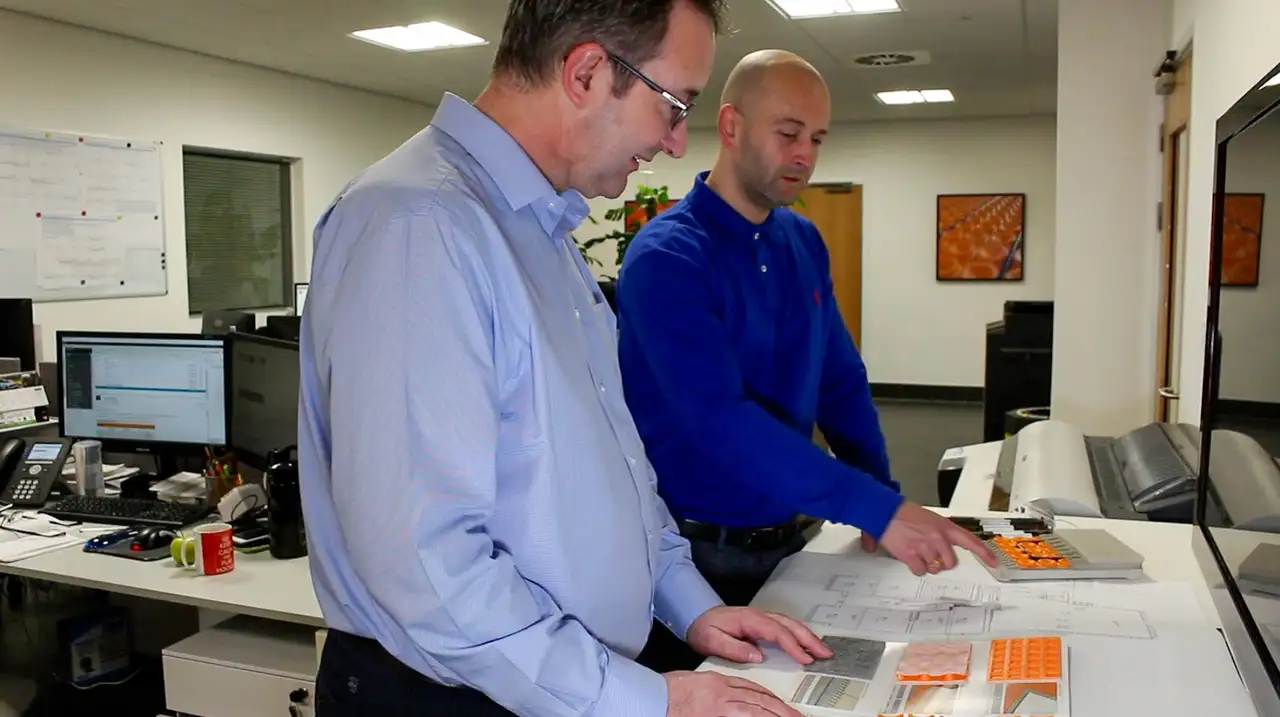 Two members of the Technical Department standing side by side with product samples on the table in front of them