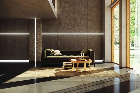 Living room with sitting area, window front, dark large-format tiles and illuminated baseboards
