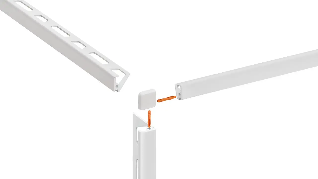 Detailed product illustration of a Schlüter-JOLLY profile corner with corner joint including inscription of the five product benefits