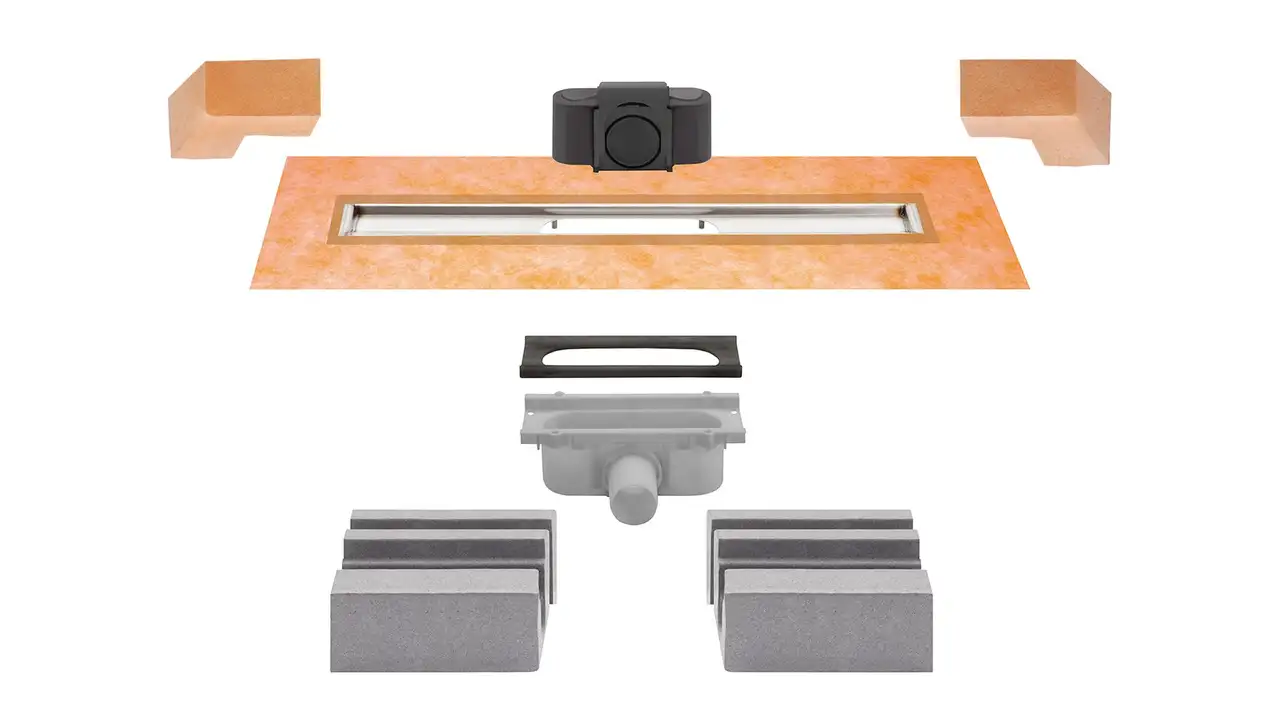 KERDI-LINE-G3 (centre outlet) set components including KERDI waterproofing, water trap/seal, drain body, polystyrene channel support and drainage channel