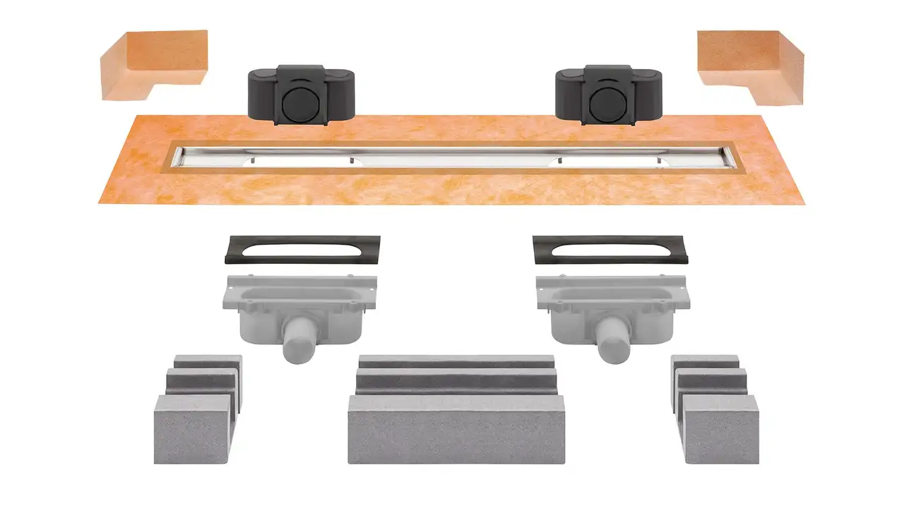 KERDI-LINE-G3 (dual outlet) set components including KERDI waterproofing, water trap/seal, drain body, polystyrene channel support and drainage channel