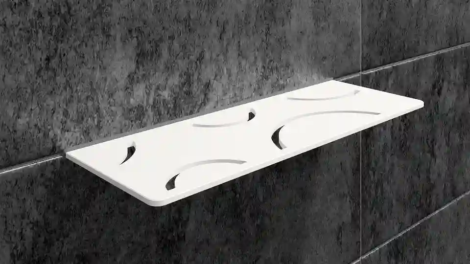 Schlüter-SHELF in the matte brilliant white finish is a decorative wall shelf for tiles and natural stone