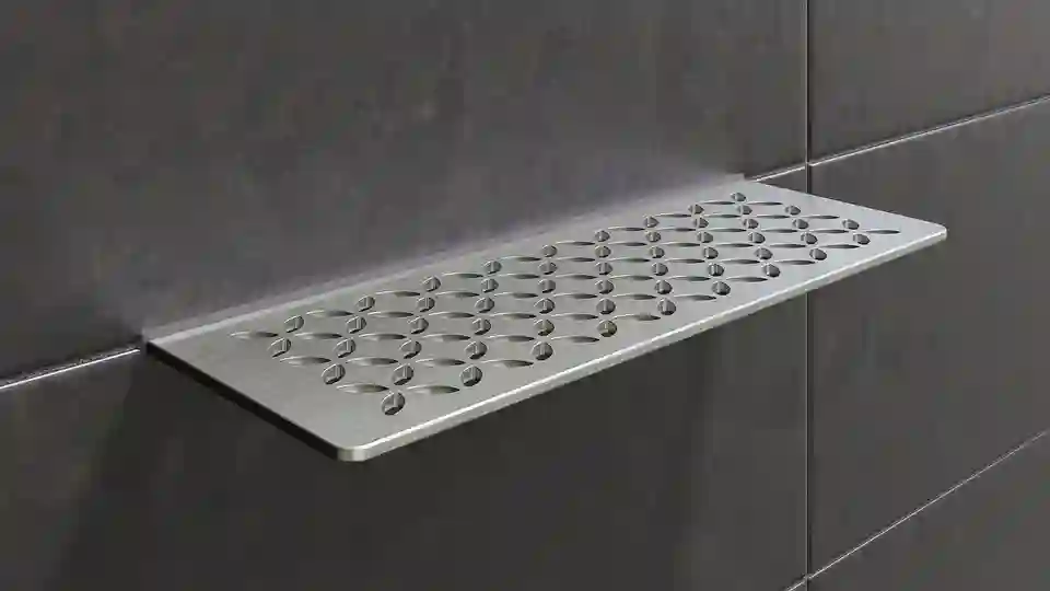 Schlüter-SHELF in brushed stainless steel is a decorative wall shelf for tiles and natural stone