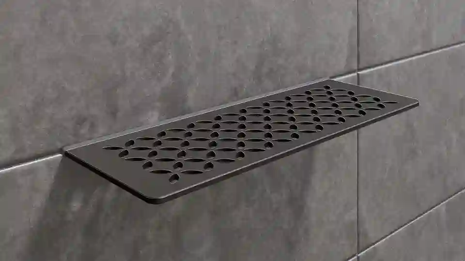 Schlüter-SHELF in the TSDA dark anthracite finish is a decorative, textured wall shelf for tiles and natural stone