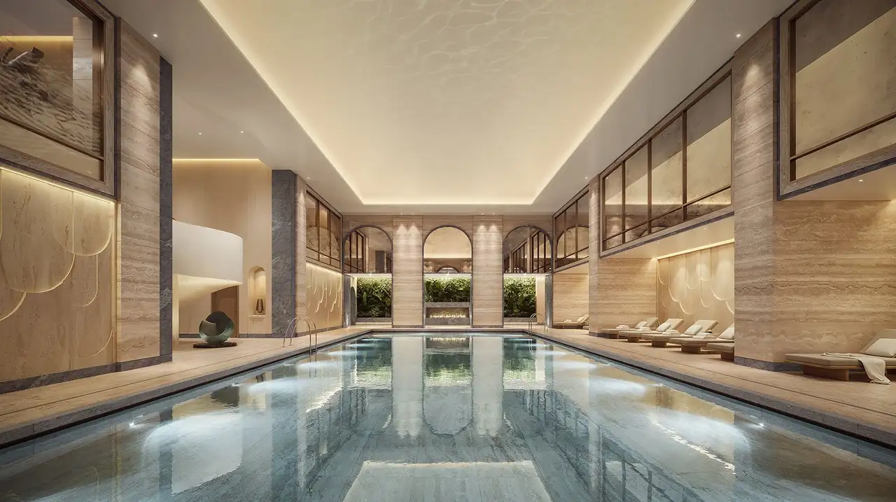 CGI render of the pool area for the spa at Raffles Hotel