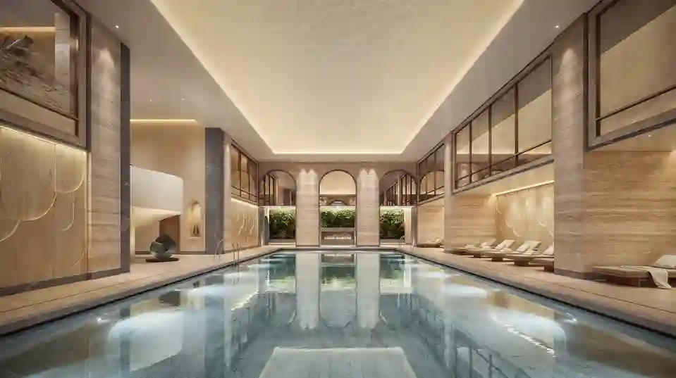 CGI render of the pool area for the spa at Raffles Hotel