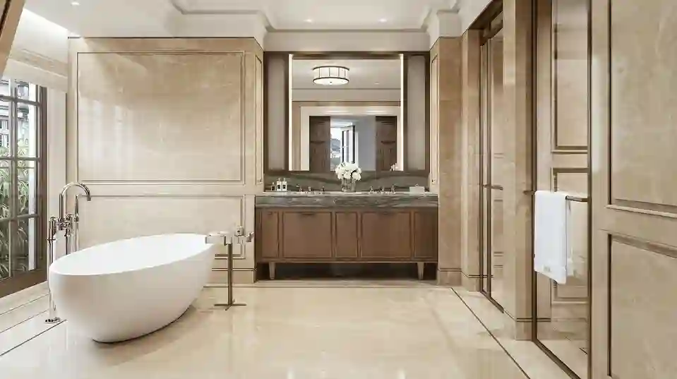 CGI render of a bathroom at Raffles Hotel 