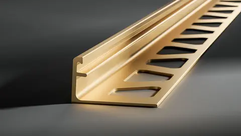 Primo piano del profilo di chiusura Schlüter-SCHIENE in ottone su sfondo grigio scuro