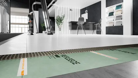 Realizzazione di un pavimento di un'esposizione temporanea con Schlüter-REFLEECE, come guaina per posa rimovibile di rivestimenti.