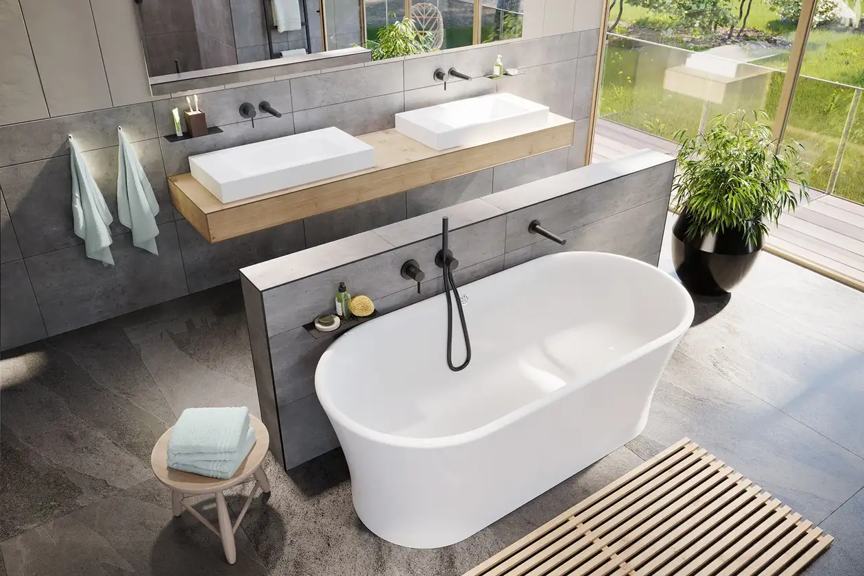 Vista di un bagno moderno con vasca da bagno davanti a parete divisoria e due lavabi sospesi