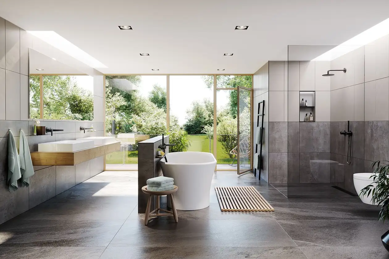 Ampio bagno con vasca indipendente al centro, doccia a filo pavimento e doppio lavabo