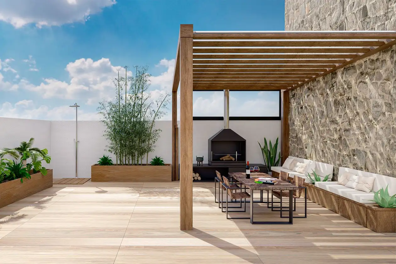 Dakterras met moderne loungemeubels en een houten pergola