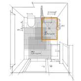 Plattegrond van een badkamer met minder barri&egrave;res met overlappende bewegingsoppervlakken
