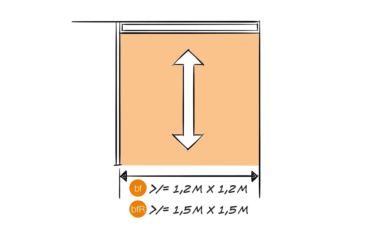 Tekening van de bewegingsruimte voor barri&egrave;revrij en rolstoeltoegankelijk douchen.