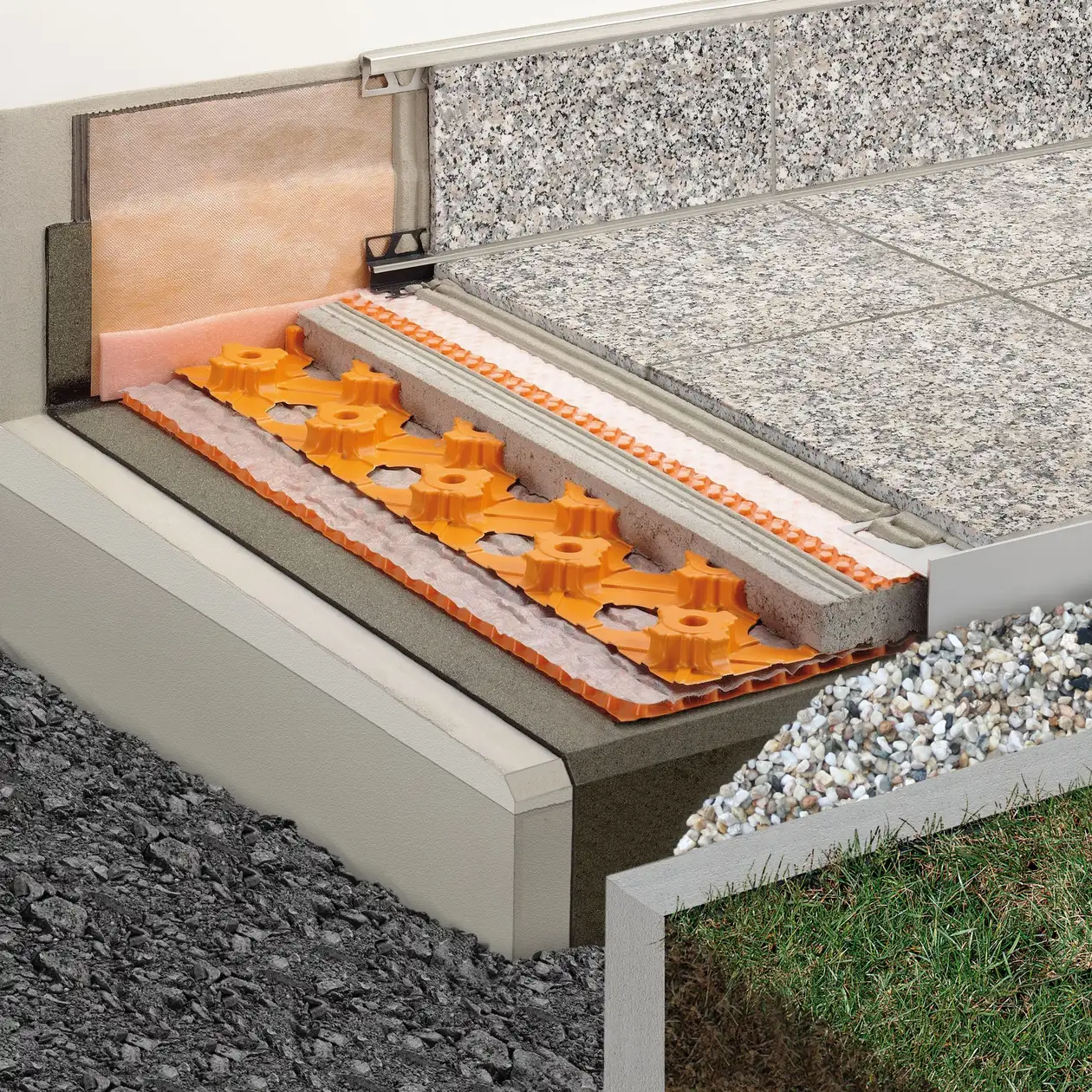 Schl&uuml;ter-Systems terrasopbouw B.3 met DITRA-DRAIN als hechtende drainage en ontkoppeling boven BEKOTEC-DRAIN-dekvloer op TROBA-PLUS-drainagemat
