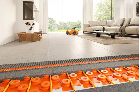 Dwarsdoorsnede van de vloer in een woonkamer met de vloerverwarming Schlüter-BEKOTEC-THERM