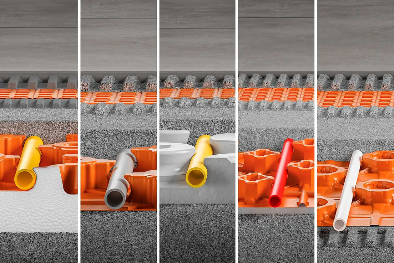 Vijf verschillende modellen van de vloerverwarming Schlüter-BEKOTEC-THERM naast elkaar geplaatst als een vijfdelige collage
