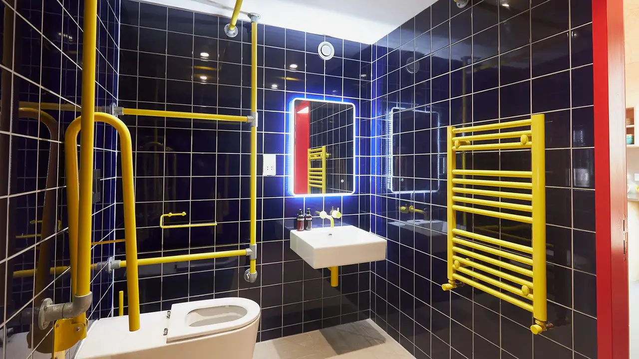 Foto van een blauw betegelde badkamer, die DDA-conform en dus volledig toegankelijk is