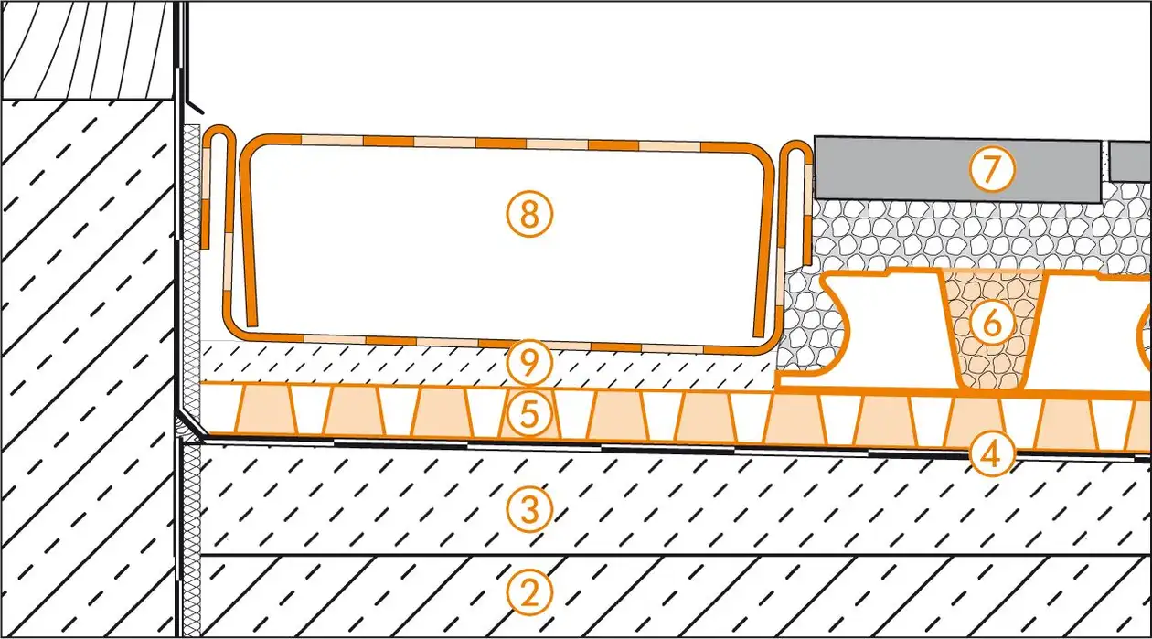 Schl&uuml;ter-Systems doorsnedetekening van de deuraansluiting voor terrasopbouw B.4 Dunlagige bekledingsconstructie in een mortelbed boven een  afdichting met BEKOTEC-DRAIN en plaatsing in een mortelbed op een oppervlaktedrainage met TROBA-PLUS 8G