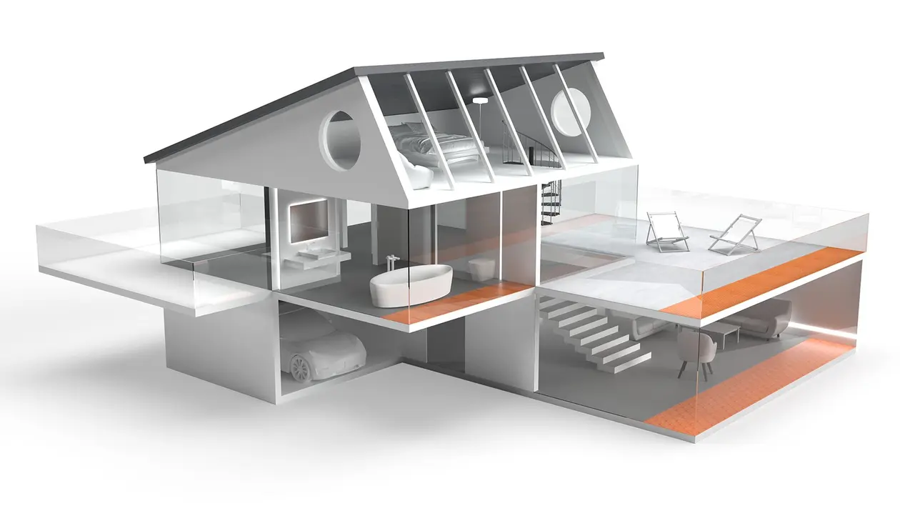 Illustratie van een woning met verschillende niveaus