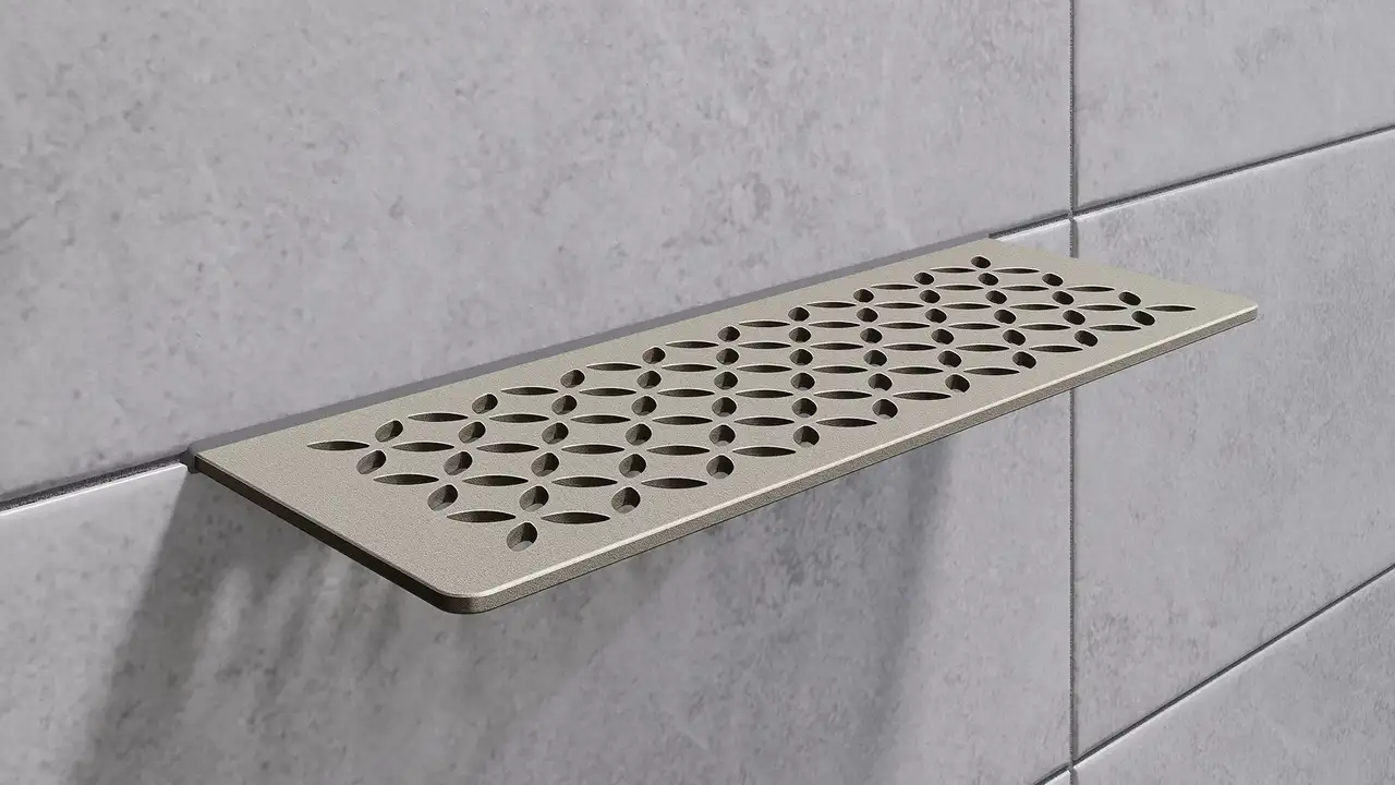 Schlüter-SHELF w kolorze TSSG powłoka strukturalna (szary kamienny) to dekoracyjna półka do ścian wykładanych płytkami ceramicznymi i kamieniem naturalnym