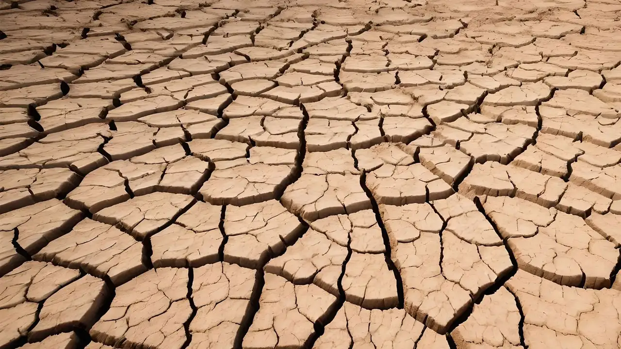 Imagem gerada por IA de um pavimento seco e fortemente fissurado, simbolizando o fenómeno das tensões de retração da betonilha