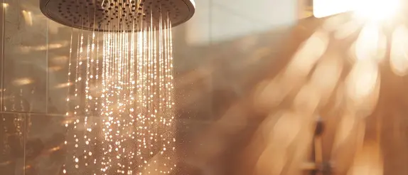 Água a caír num duche numa casa de banho com vapor, ilumimnada por uma luz quente.