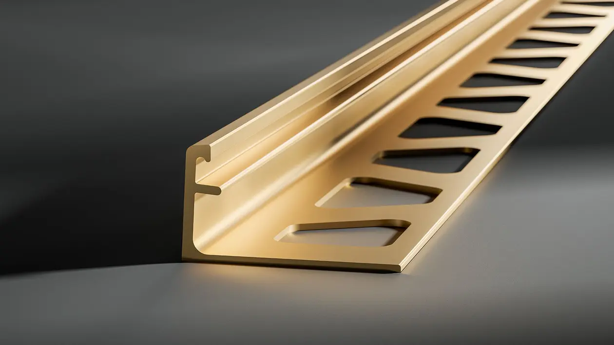 Grande plano do perfil de remate em latão Schlüter-SCHIENE sobre um fundo cinzento escuro