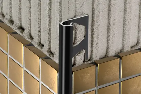 Vista detalhada de Schlüter-RONDEC-AC na cor MGS para cantos externos de paredes e revestimentos.